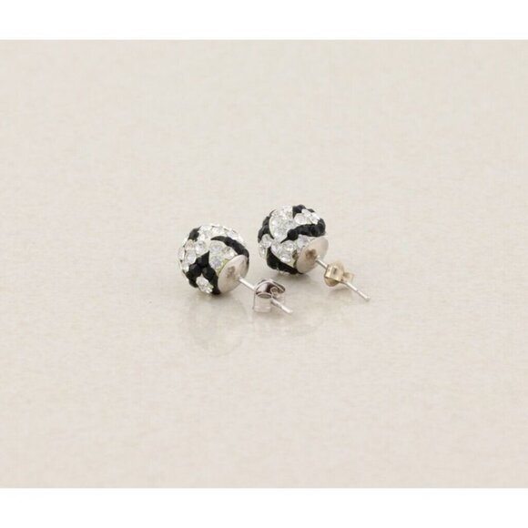 14k White Gold Black & White Crystal Stud Earrings Sparkly Ball - Picture 9 of 9